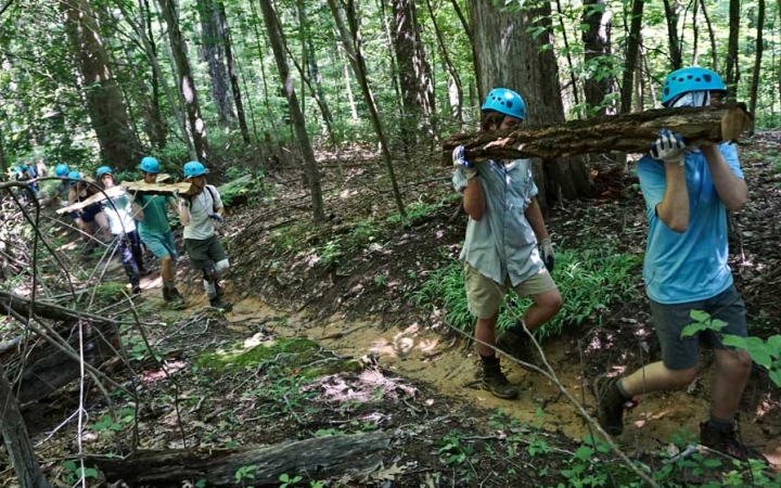 Students wearing helmets and gloves carry tree branches along a trail in a wooded area. 